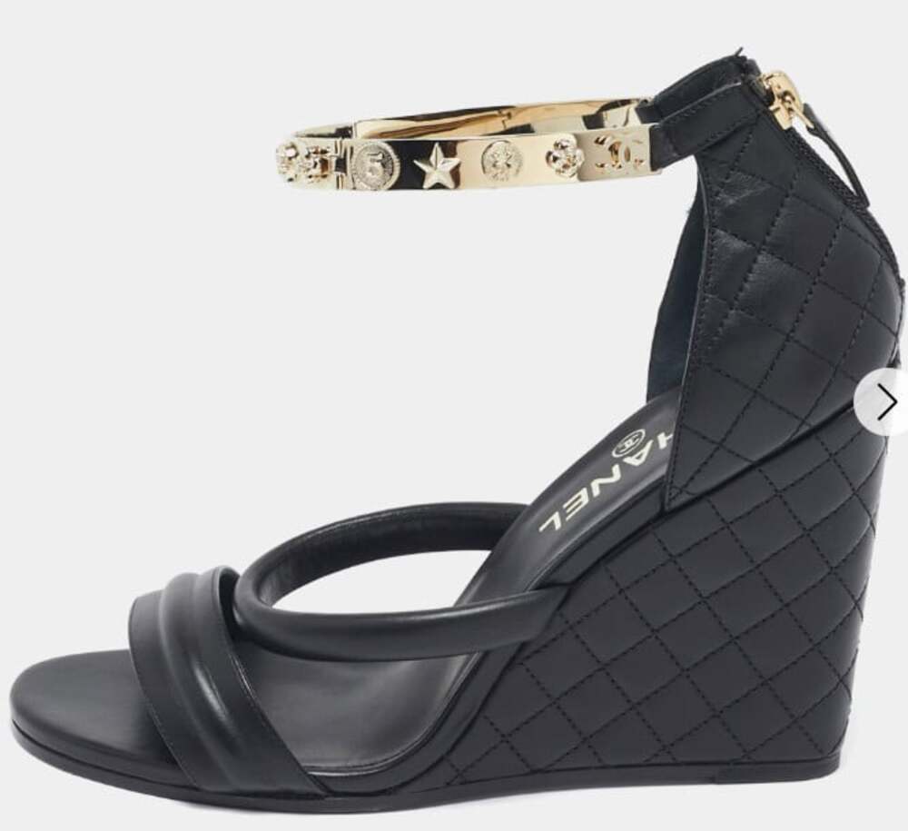 Chanel Black Leather Charm Embellished Ankle Cuff Wedge Sandals Size 40